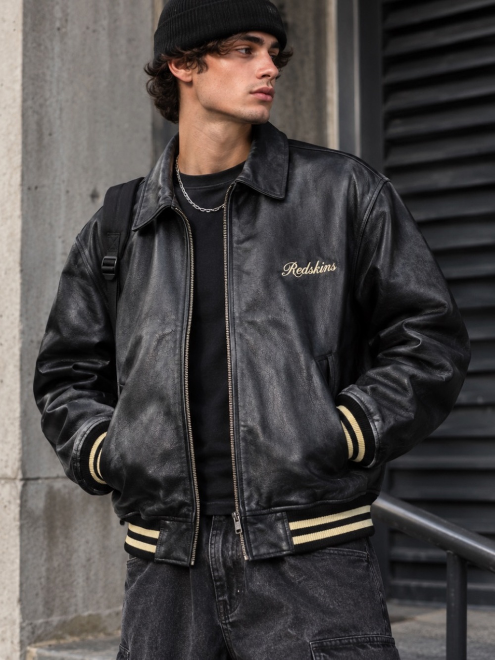 Vintage Redskins Garment Genuine Leather Bomber Jacket XXL Black 90s Y2K